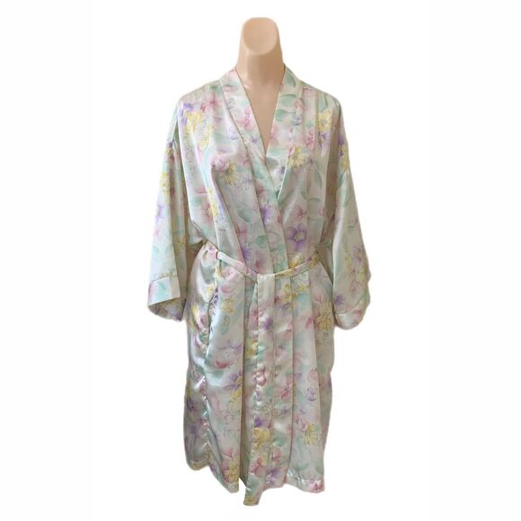 Dentelle Medium Floral Satin Robe Surplus Wrap Around Kimono Style Vintage Pink - Picture 1 of 3